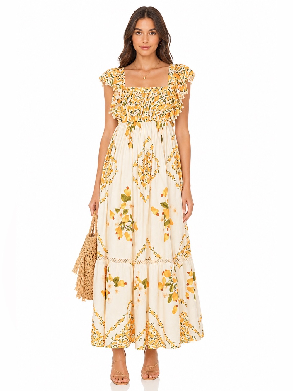 Farm Rio Cashew Ruffle Crossback Boho Maxi Floral Dress Long Summer Cotton